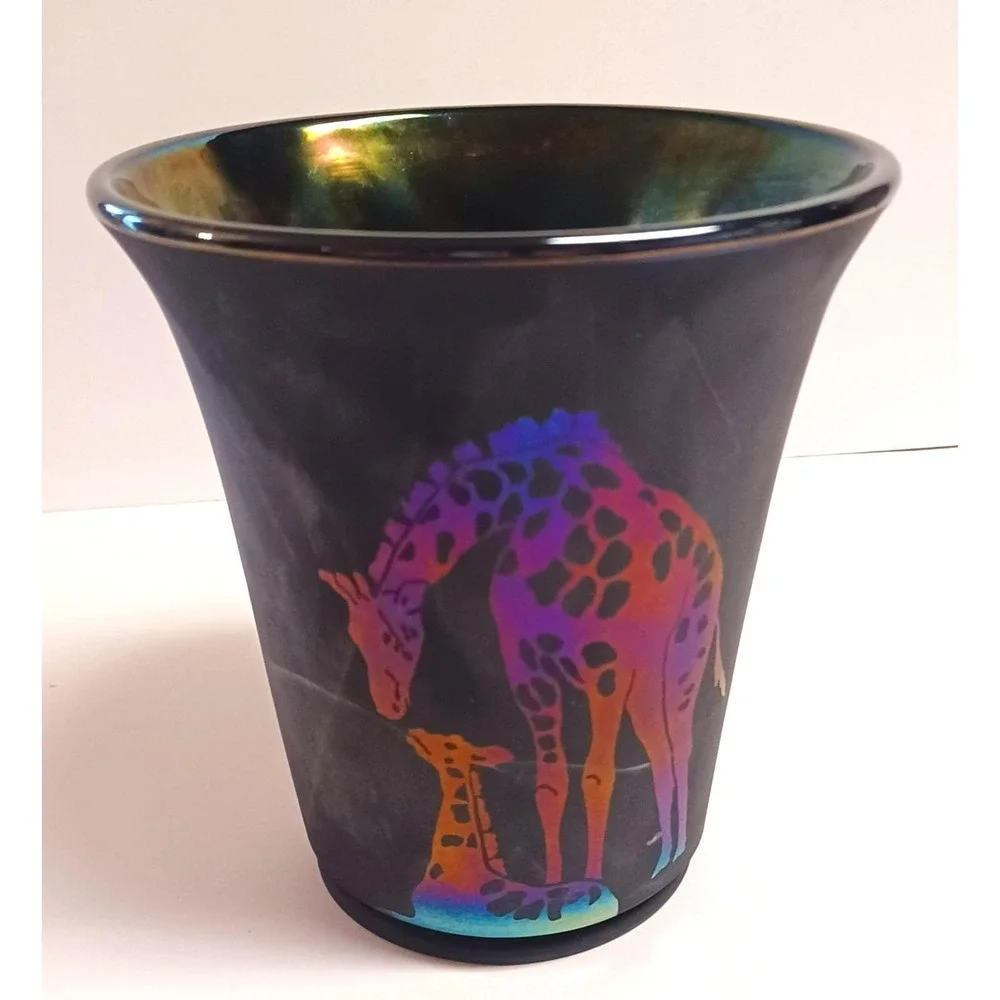 Vintage Fenton Glass OOAK Giraffe Vase Black Green Purple Sand Carved Custom